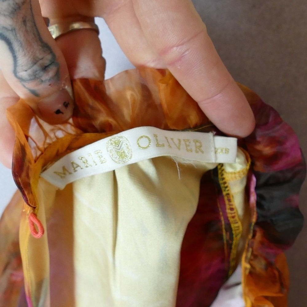 Marie Oliver Orange Abstract Floral Sheer Organza Ruffle Mock Neck Blouse XXS - Picture 9 of 10